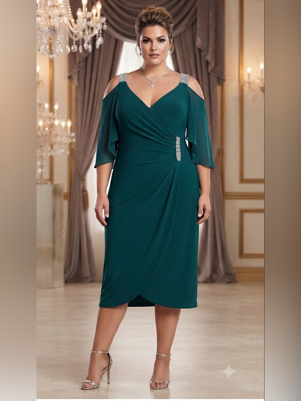 Glamour Nights Cold Shoulder Cap Sleeve Rhinestone Strap Dress